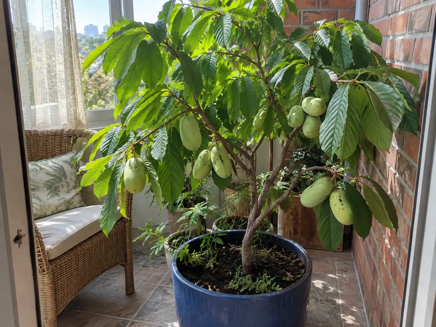 Азиміна в діжці на світлій лоджії влітку